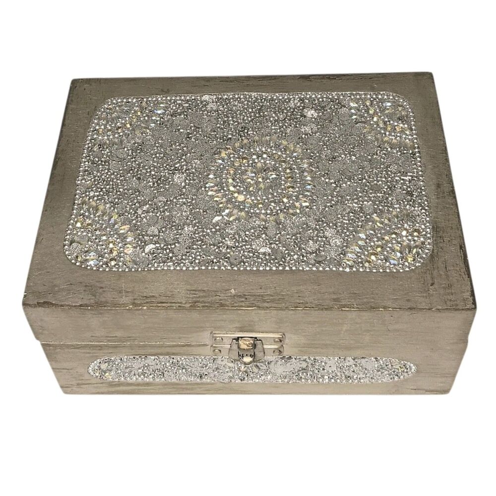 Sparkly Jewlery Box Silver With Sequins & Rhinestones Lightweight Wood 7 x 5 x 3